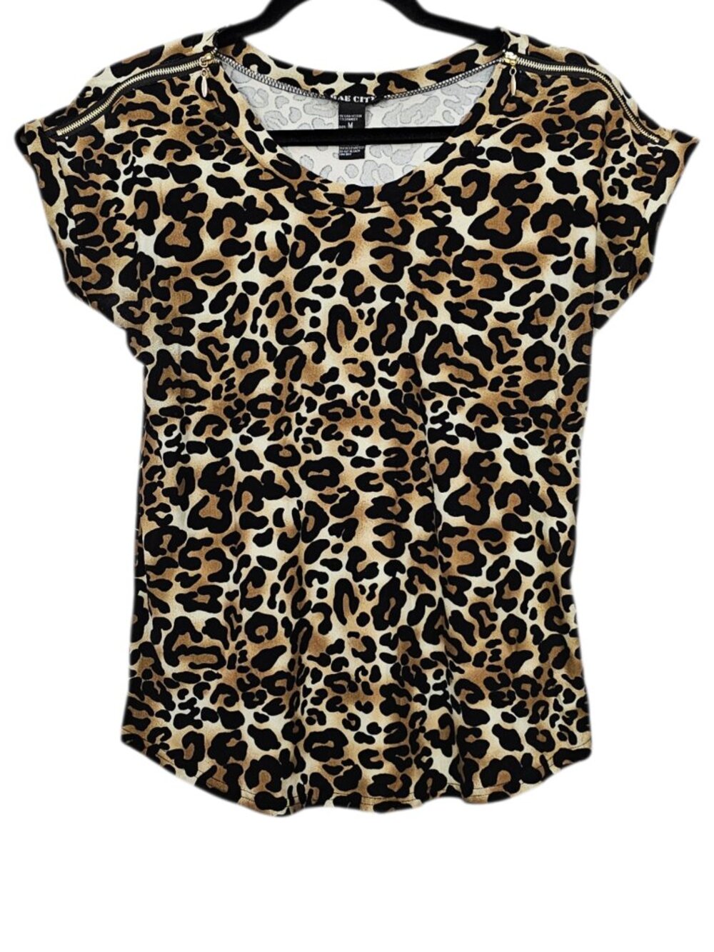 Bae City Leopard Animal Print Top Zipper Accents Scoop Neck Women's M Black Tan